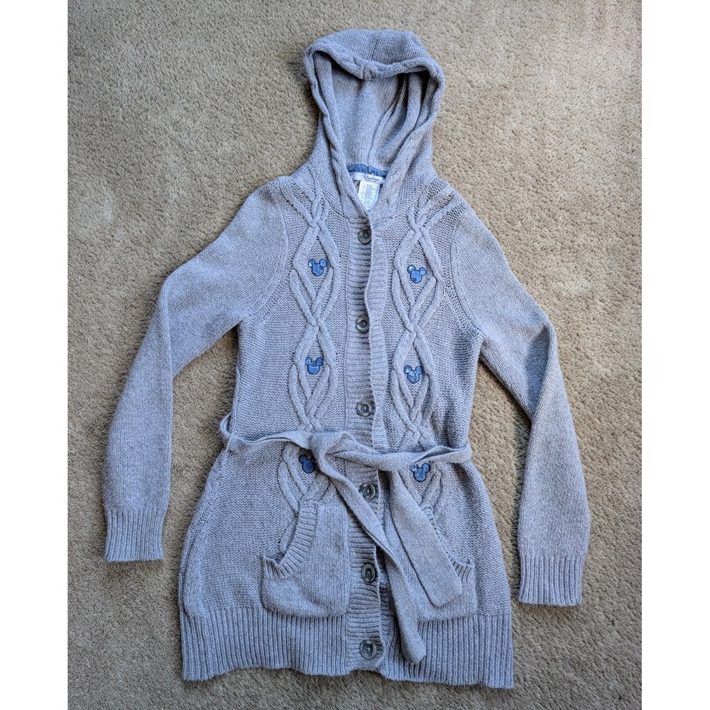 Disney Parks‎ Womens Cardigan Medium Cable Knit Gray Mickey Long Robe Hooded
